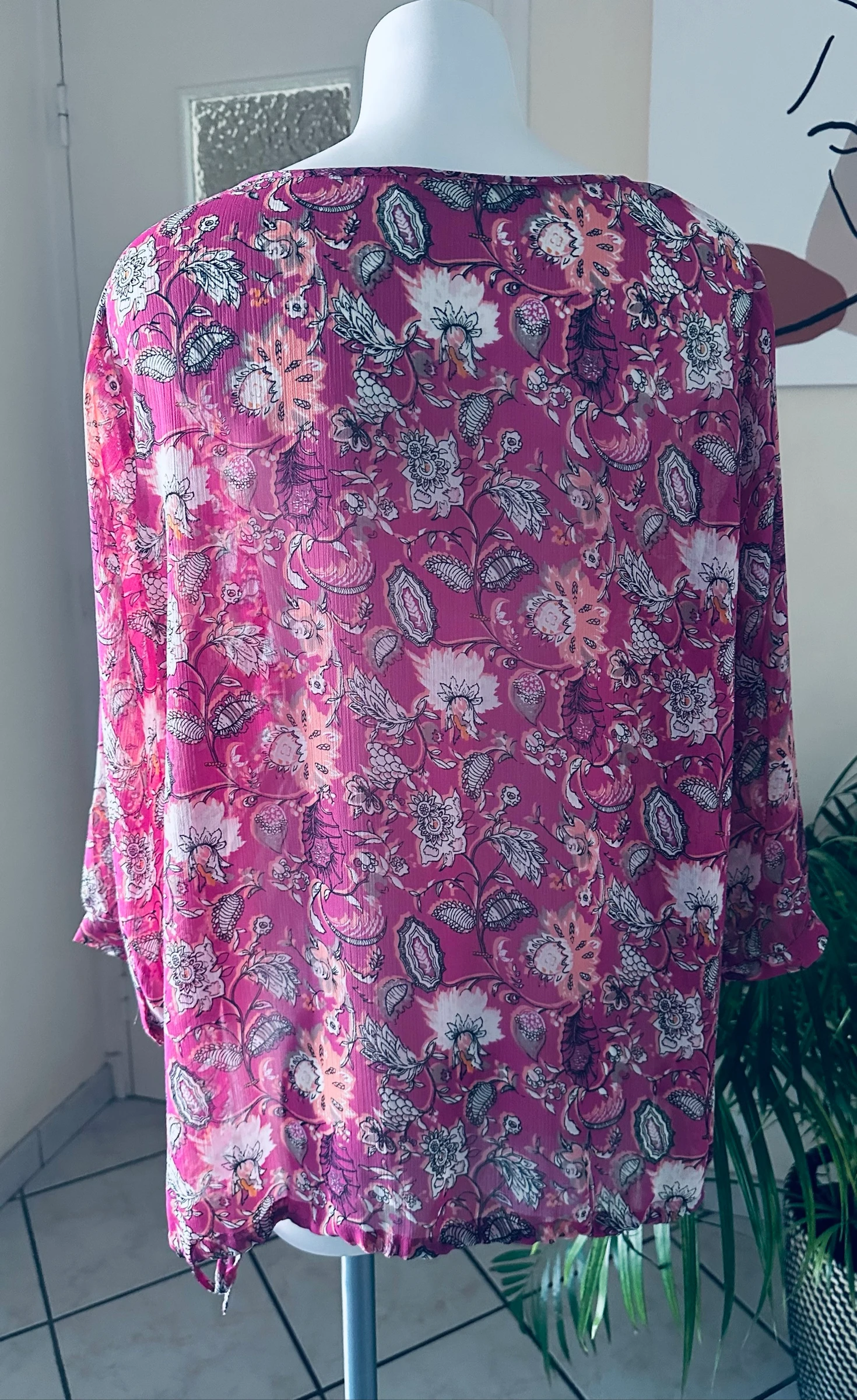 Pink Fuchsia Floral Blouse Damart Size 48 – Excellent Condition – Drawstring Tie – photo 7